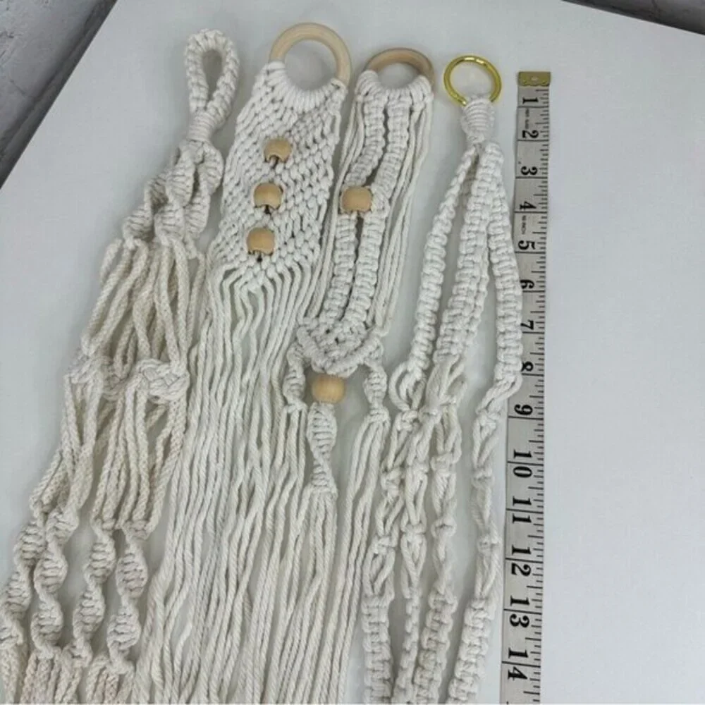 Lot of 4 Macrame Plant Hangers‎ Off White Cotton Boho Beaded Indoor Outdoor NEW